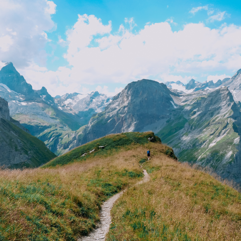 Randonnée en montagne avec une vue panoramique sur les Alpes.