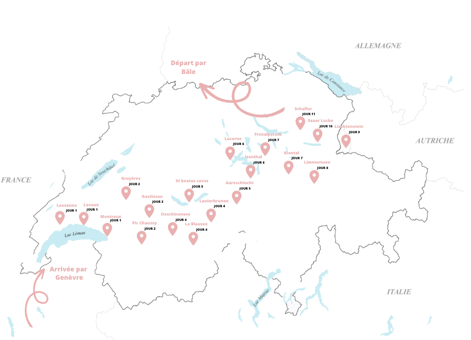 Carte de notre itinéraire de notre Road trip en Suisse